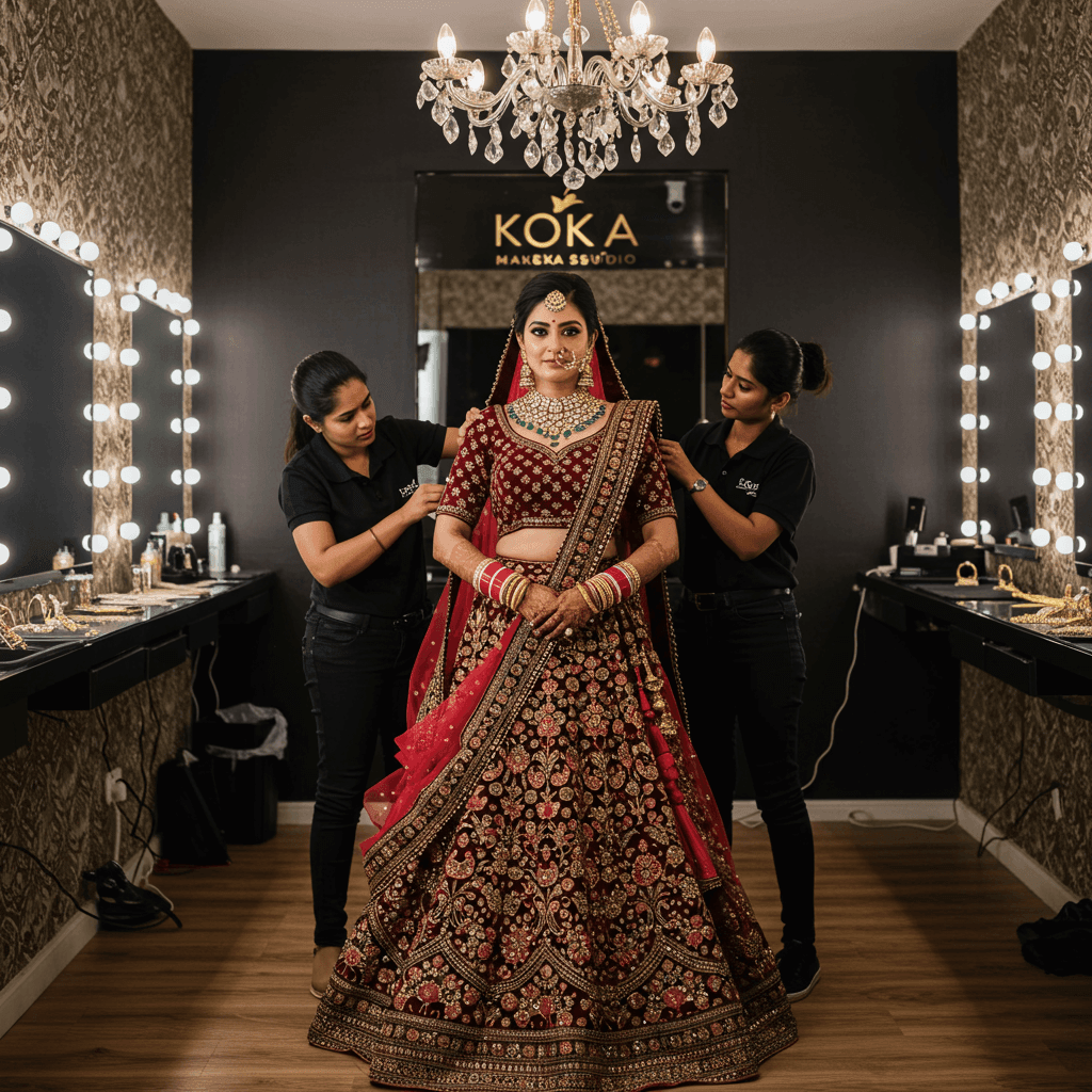 Head-to-toe styling: lehenga, jewellery, hair, and dupatta drape